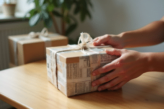 Mains enveloppant des objets fragiles avec papier journal et carton