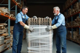 Deux déménageurs emballant un radiateur en fonte ancien avec du film à bulles dans un dépôt de matériaux de récupération
