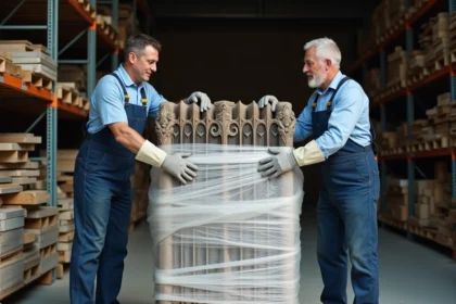 Deux déménageurs emballant un radiateur en fonte ancien avec du film à bulles dans un dépôt de matériaux de récupération