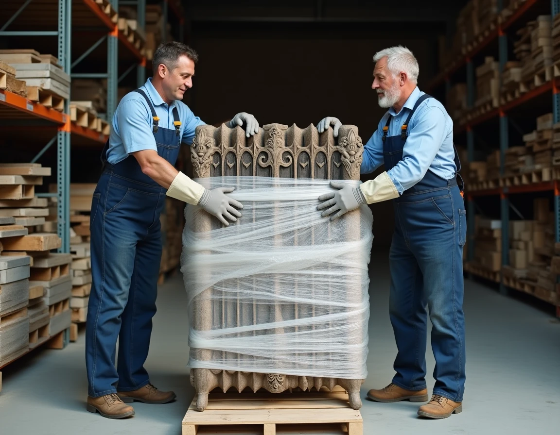 Deux déménageurs emballant un radiateur en fonte ancien avec du film à bulles dans un dépôt de matériaux de récupération