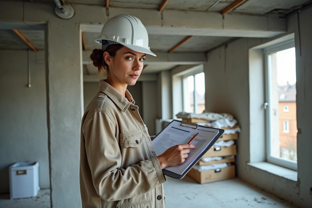 Entrepreneuse en rénovation consultant des devis sur un chantier belge en cours de transformation