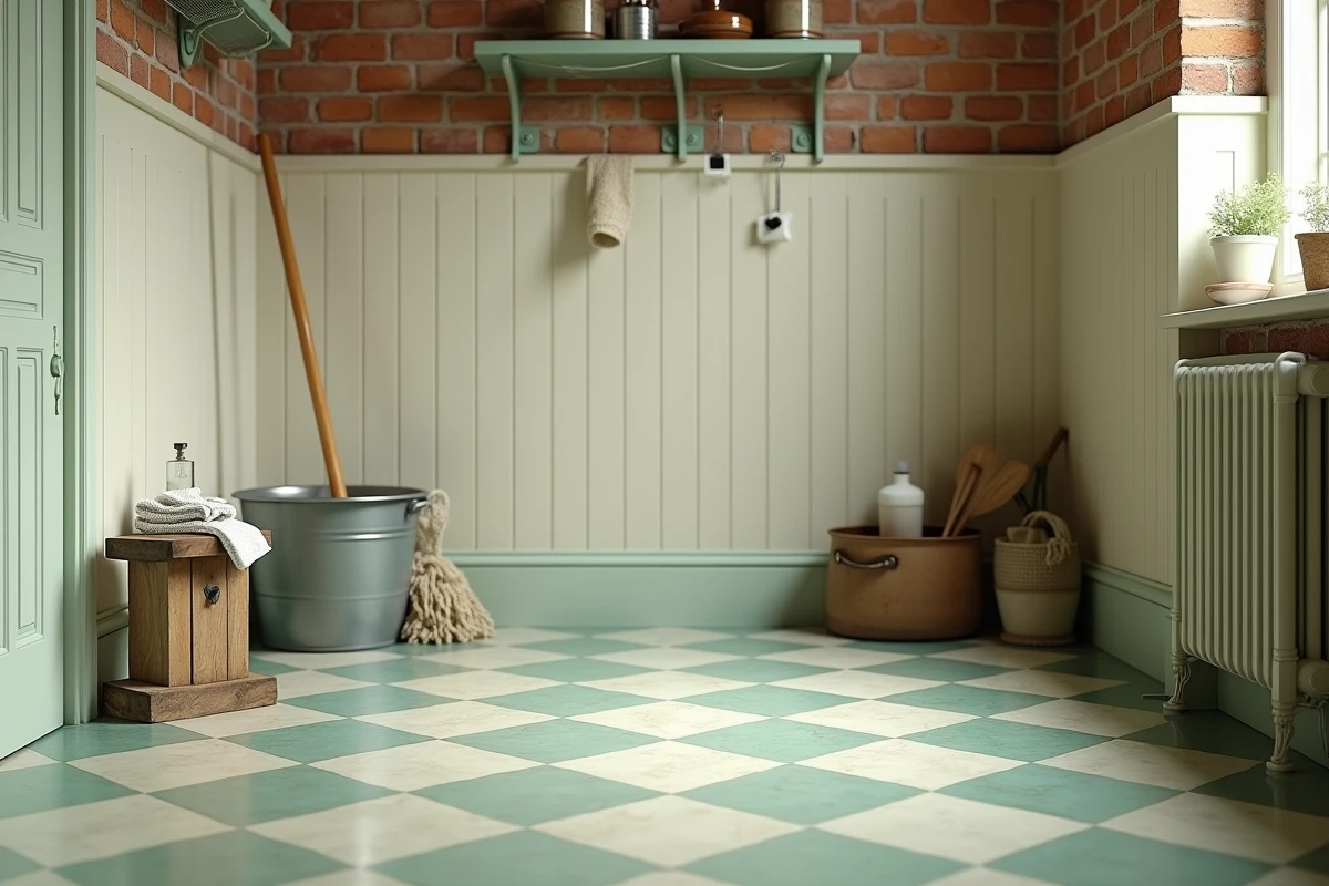 Matériel traditionnel pour entretenir le lino : serpillière en coton, seau vintage et produits naturels faits maison