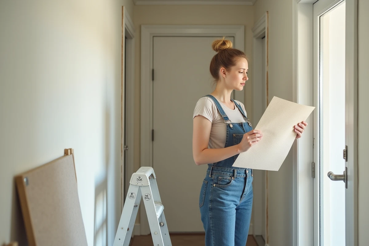 Jeune femme examinant des echantillons de papier peint dans un couloir