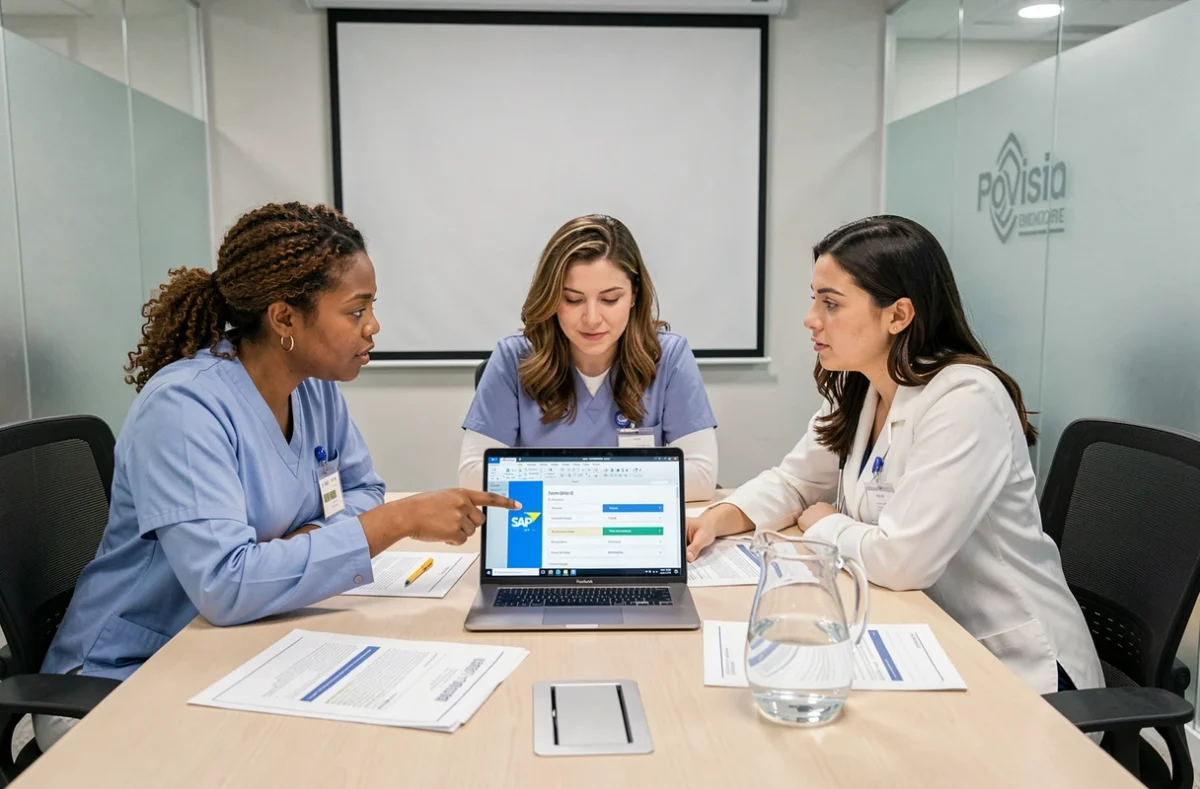 Équipe de professionnels d'aide ménagère comparant des solutions SAP lors d'une réunion en agence
