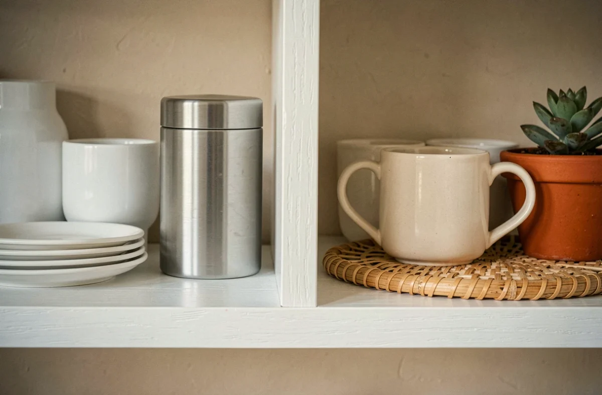 Étagère de cuisine ouverte mettant en valeur le contraste visuel entre blanc froid et blanc chaud dans la décoration