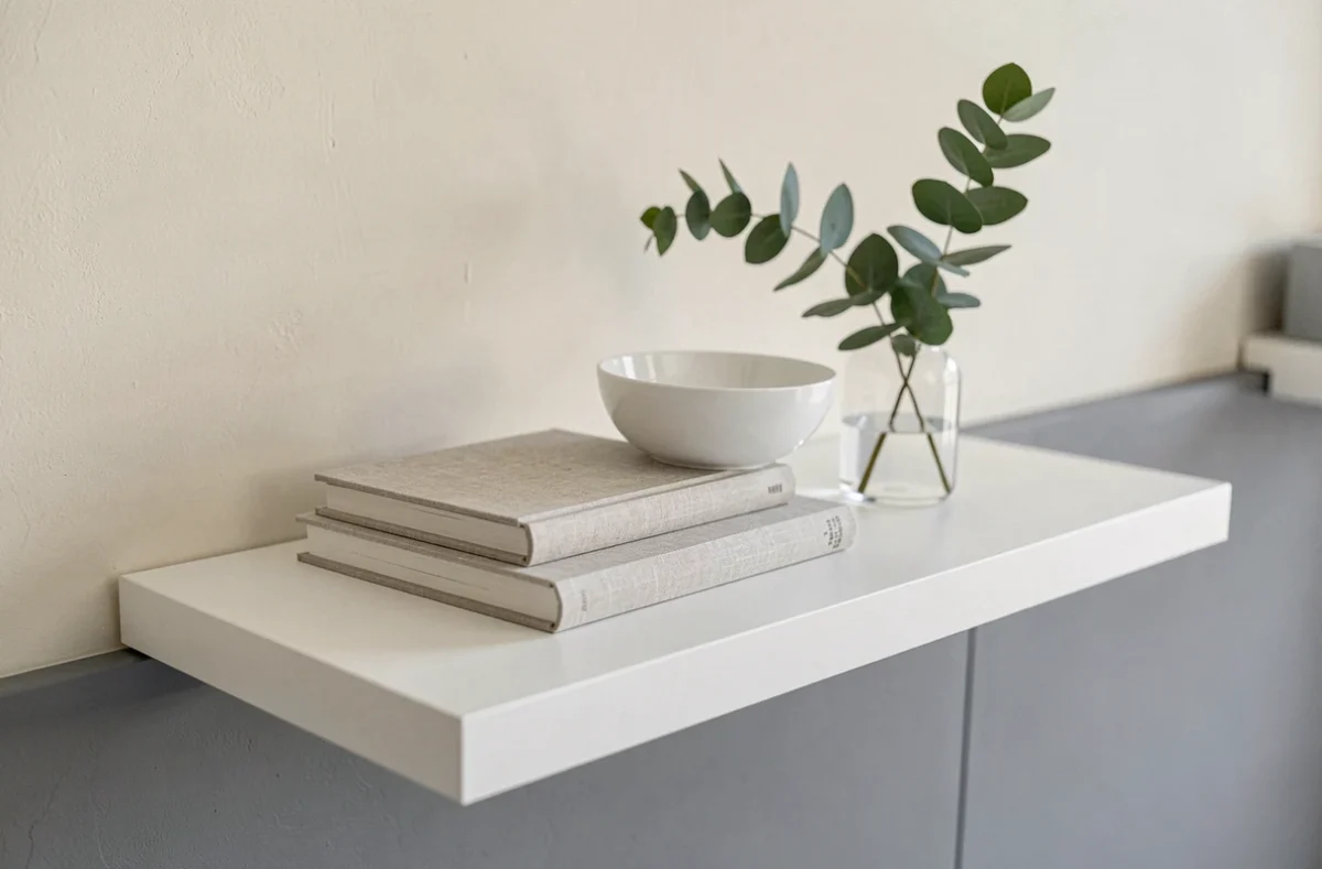 Étagère murale blanche décorée d'objets en céramique et livres design dans un salon gris et blanc épuré