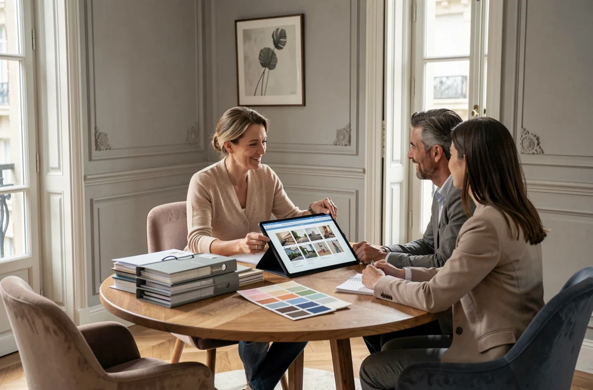 Consultation chez Expression Intérieure, agence de décoration dans les Yvelines, avec une décoratrice et ses clients autour d'un tableau de tendances numérique