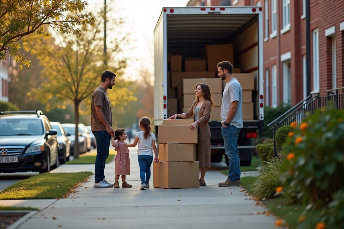Famille souriante regardant les déménageurs charger des cartons dans un camion