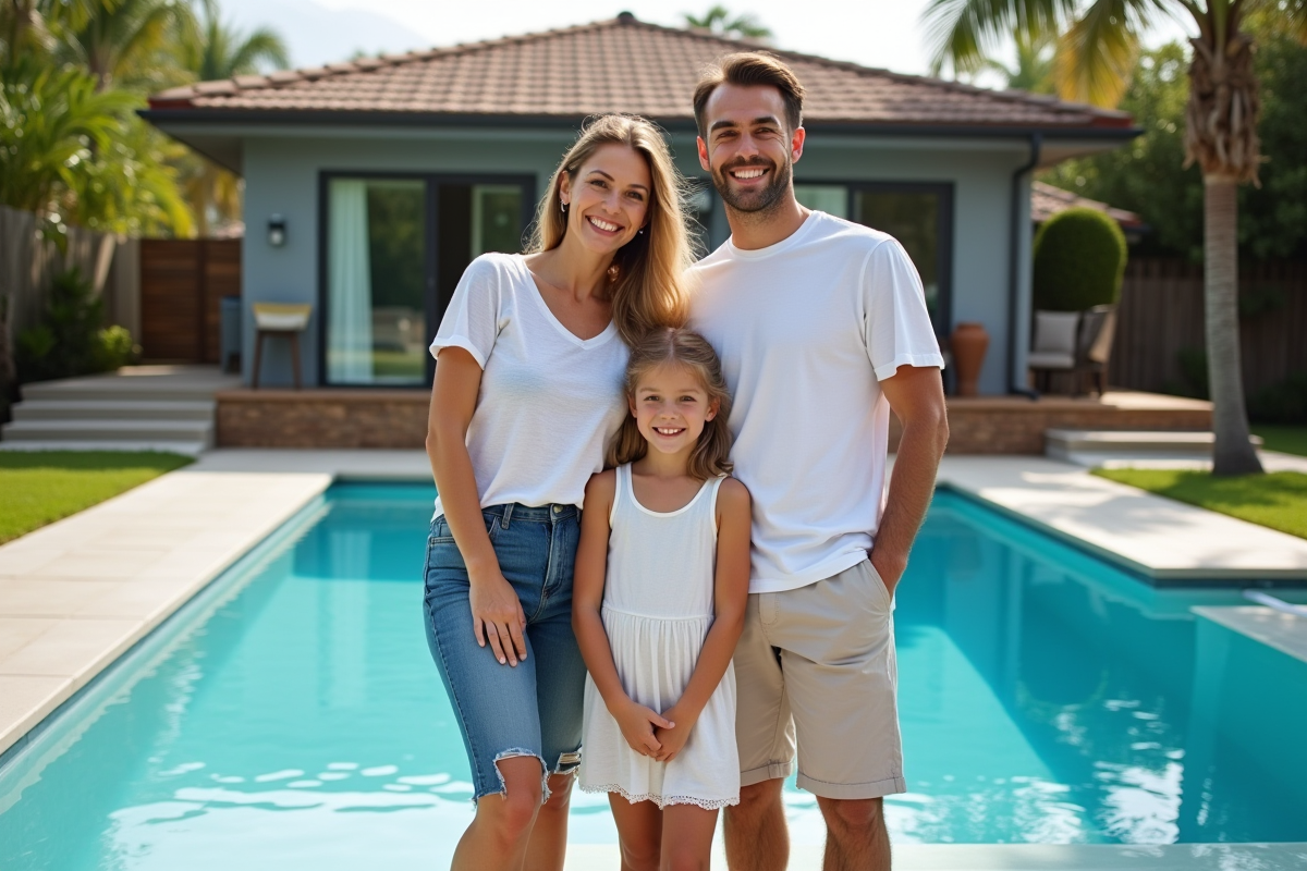 Famille souriante près de la piscine dans leur jardin