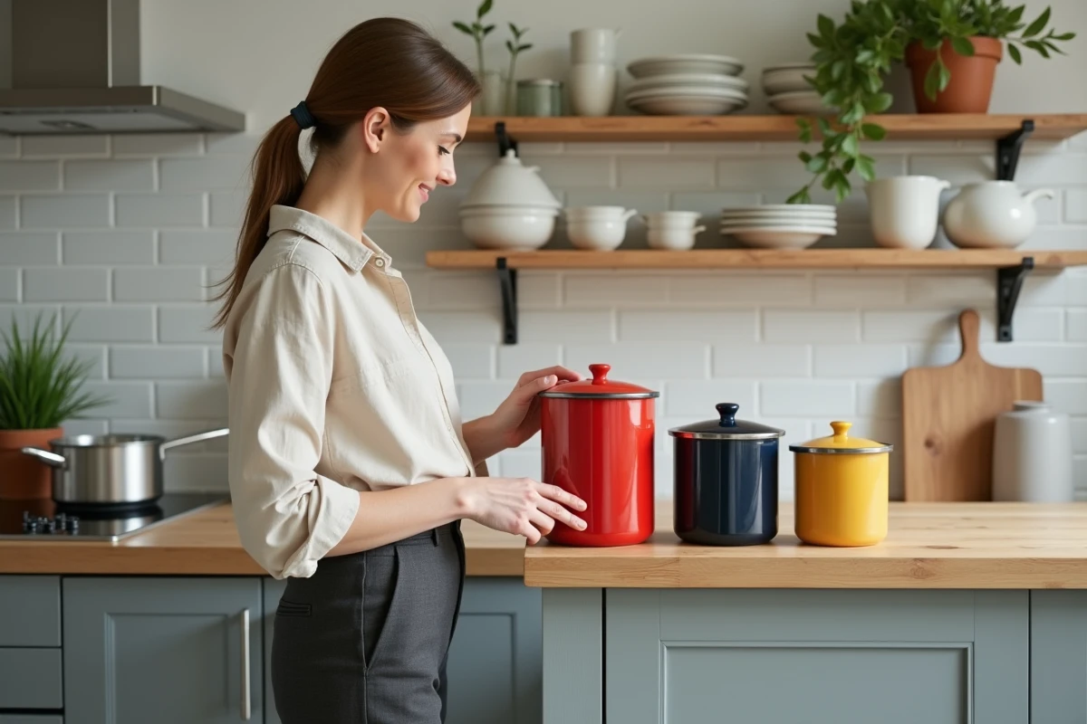 Femme intégrant des boîtes colorées style pop design dans une cuisine existante aux étagères en bois et carrelage gris