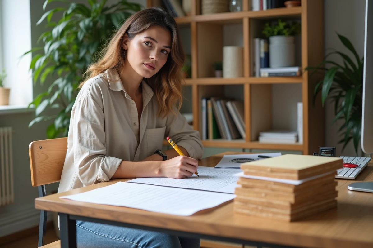 Femme calculant l isolation en bois dans un bureau lumineux