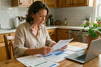 Femme comparant des offres d'assurance habitation low cost à sa table de cuisine avec des documents et un ordinateur portable