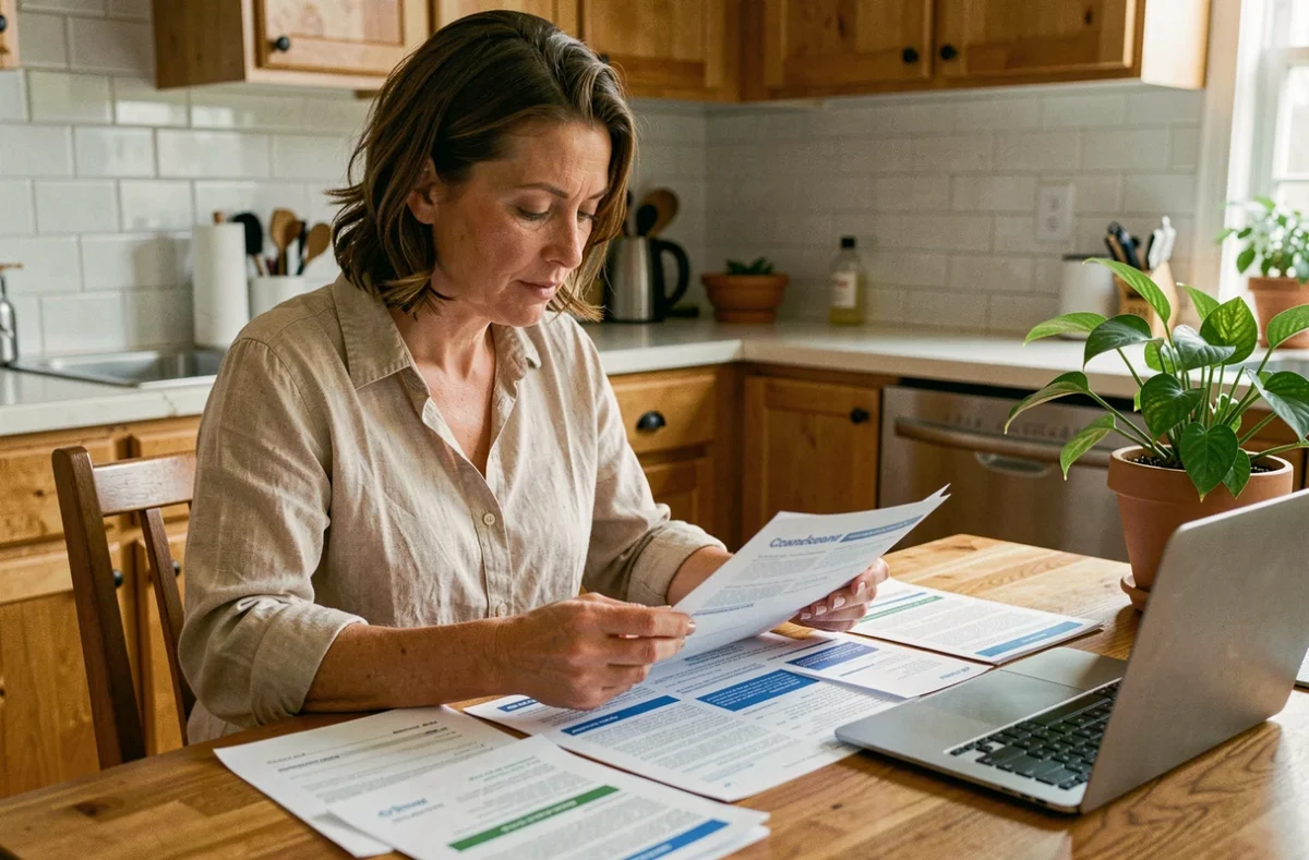 Femme comparant des offres d'assurance habitation low cost à sa table de cuisine avec des documents et un ordinateur portable