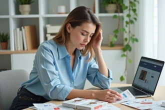 Femme comparant des bons de réduction et avantages CSE sur un bureau à domicile