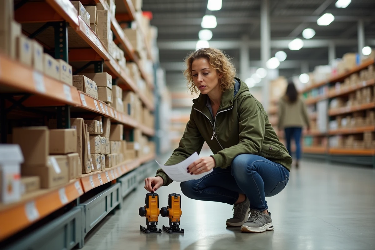 Femme comparant deux scies sauteuses en rayon dans un magasin de bricolage discount
