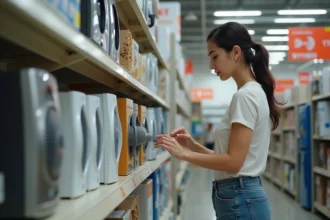 Jeune femme compare deux ventilateurs en magasin