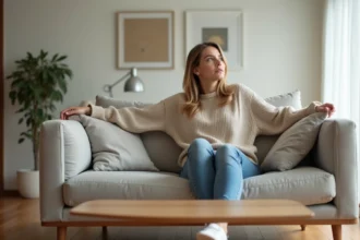 Jeune femme assise dans un salon moderne et cosy