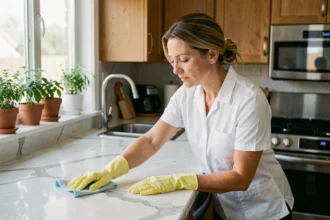 Femme de ménage professionnelle en uniforme blanc nettoyant un plan de travail en marbre dans une cuisine moderne