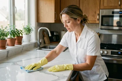 Femme de ménage professionnelle en uniforme blanc nettoyant un plan de travail en marbre dans une cuisine moderne