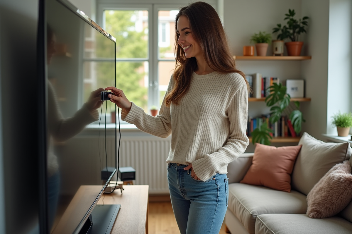Jeune femme éteignant une multiprise dans le salon