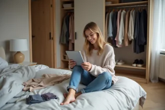 Femme utilisant une tablette pour concevoir une garde-robe