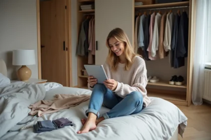 Femme utilisant une tablette pour concevoir une garde-robe