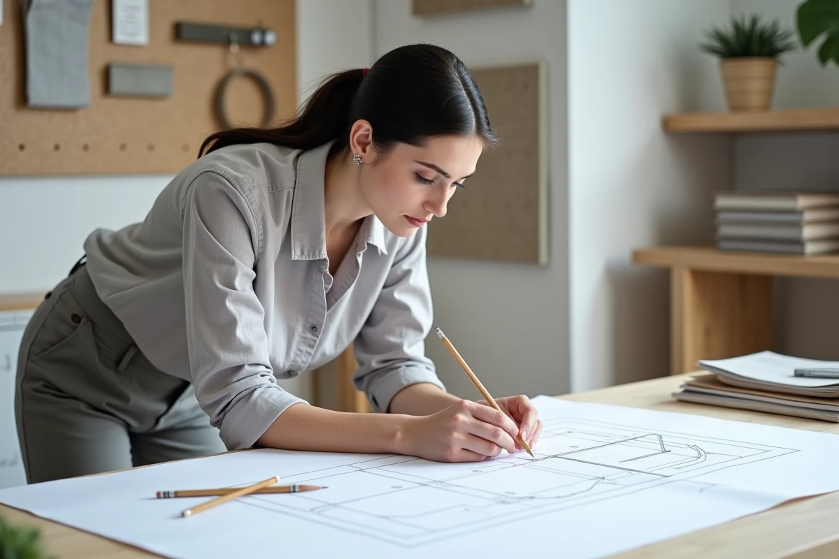 Femme dessinant un plan de dressing d'angle sur une table à dessin avec règle et crayon, dans un bureau de conception intérieure