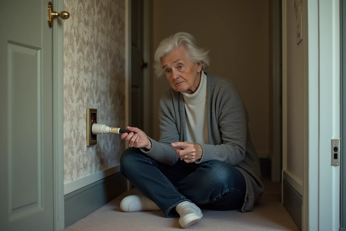 Femme âgée inspectant une fiche coaxiale endommagée