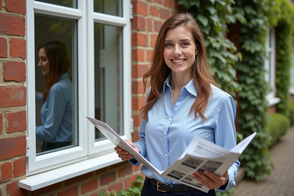 Jeune femme parle de remplacement de fenêtres avec un client dehors