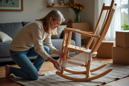 Femme emballant une chaise en bois dans un salon cosy