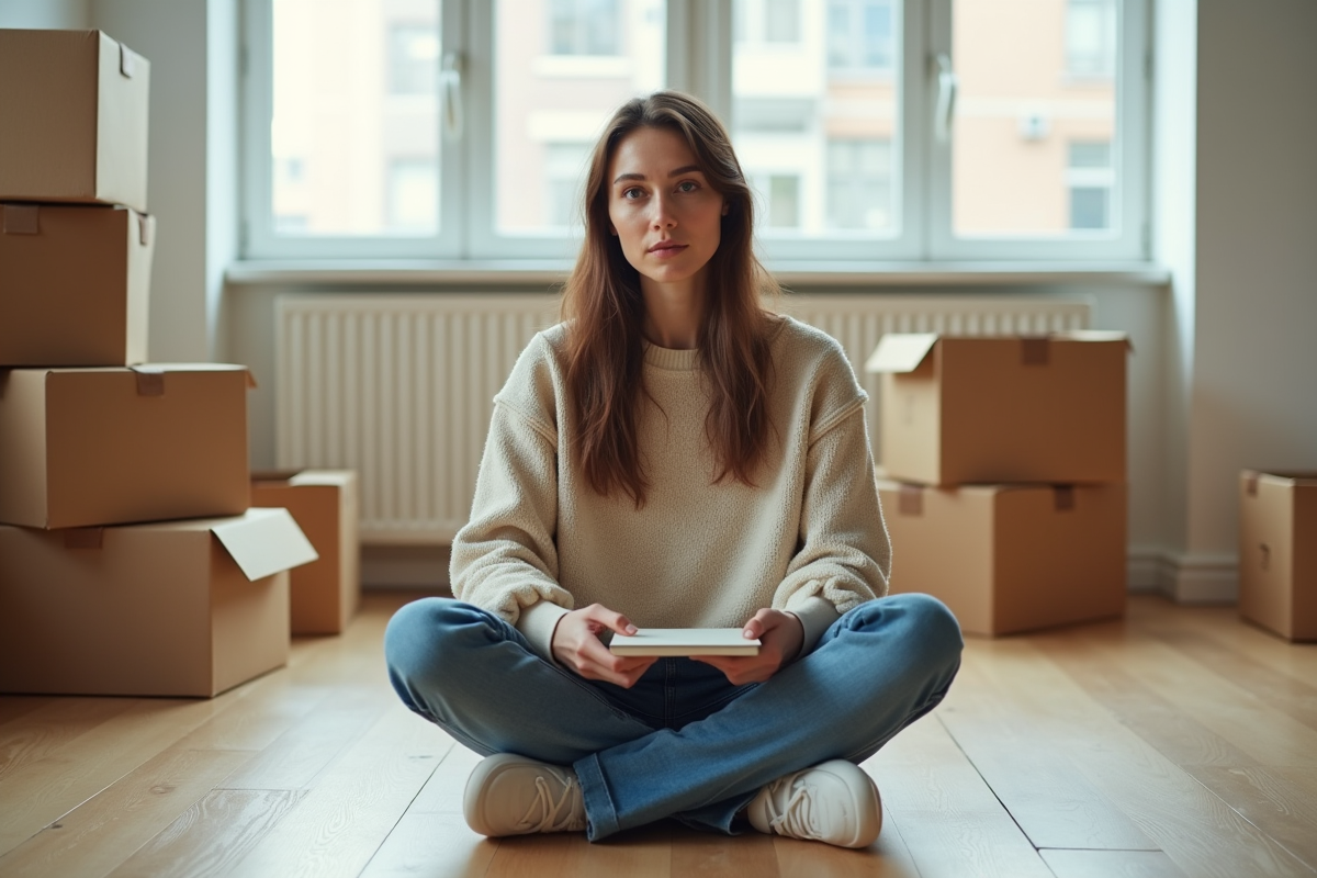 Femme assise dans un appartement en déménagement