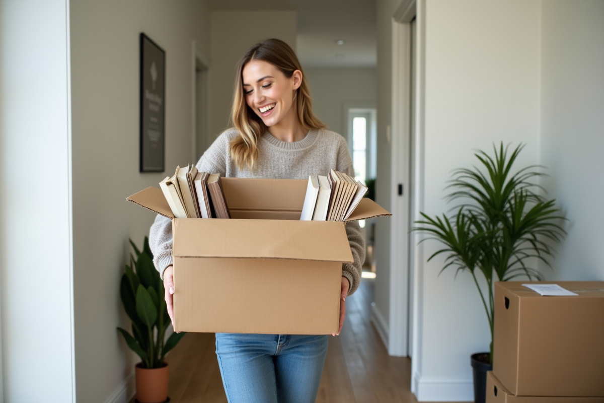 Jeune femme souriante avec boîte à livres dans un appartement