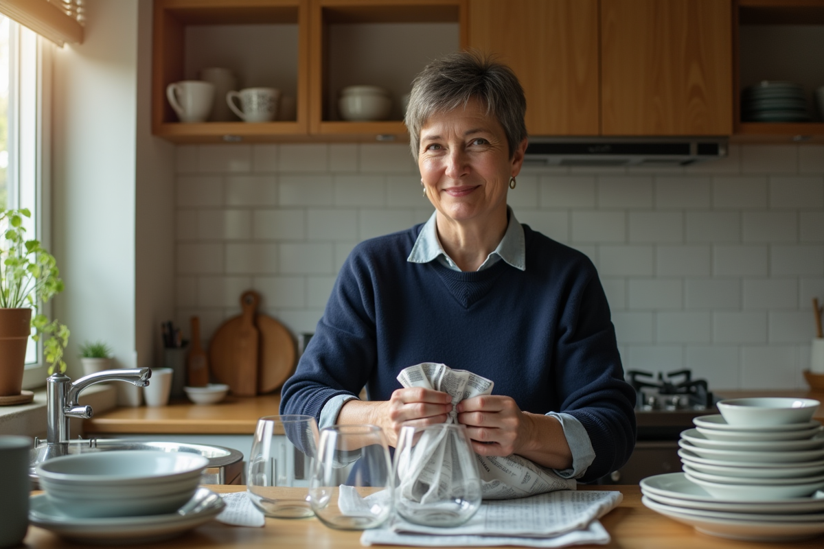 Femme emballant délicatement des verres dans la cuisine