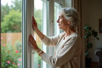 Femme examinant une fenêtre double vitrage dans un salon lumineux
