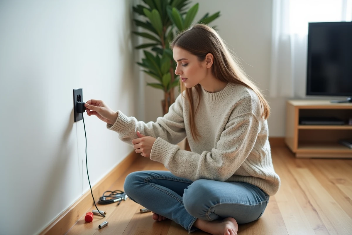 Jeune femme vérifiant une nouvelle prise TV dans son salon