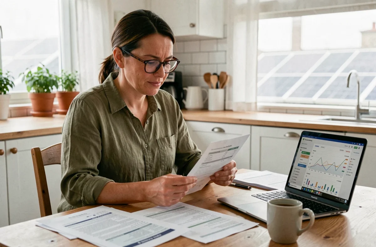 Une femme analyse sa facture d'électricité après l'installation de panneaux solaires chez elle