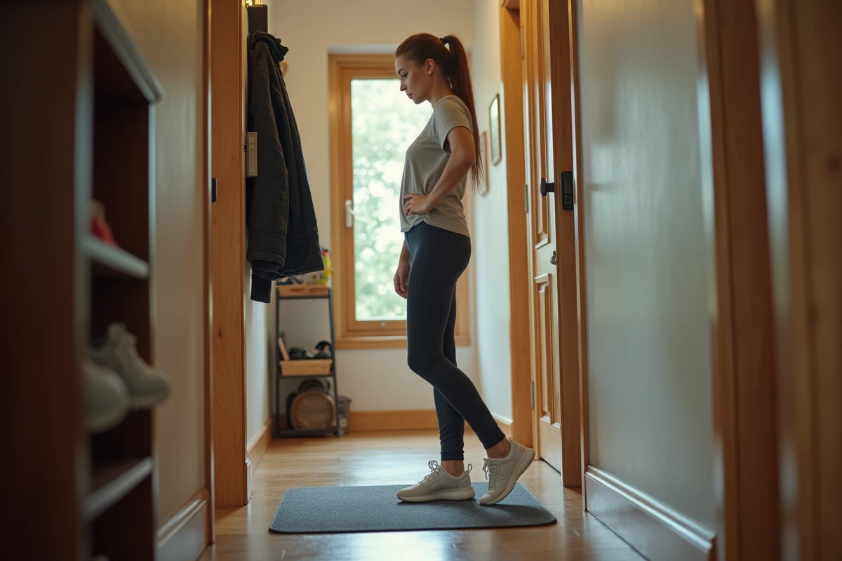 Jeune femme perplexe examinant un tapis mal ajusté dans un couloir