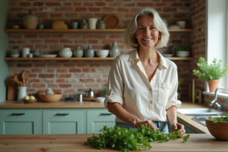 Femme arrangeant des herbes fraîches dans une cuisine chaleureuse