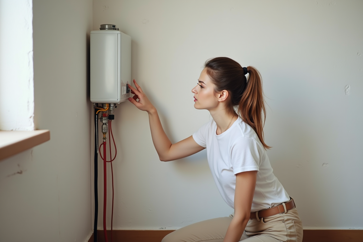 Jeune femme pointant un disjoncteur près d