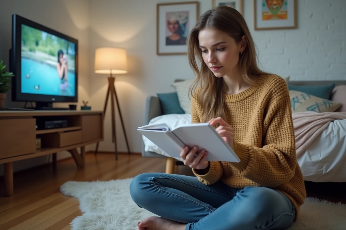 Jeune femme lisant instructions pour antenne dans un appartement