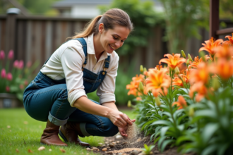 Femme en jardinage avec des lys colorés dans un jardin