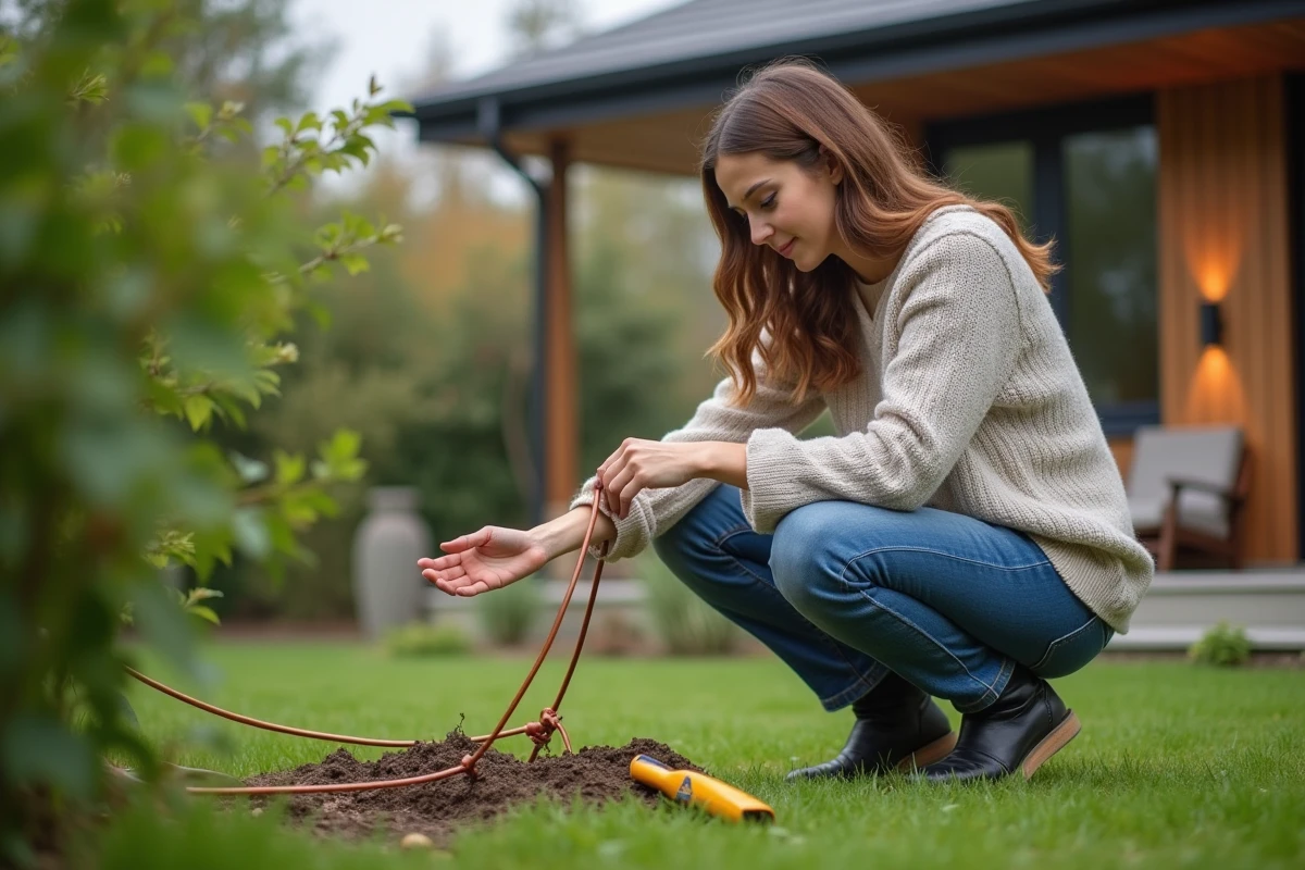 Jeune femme vérifiant une tige de mise à la terre dans son jardin