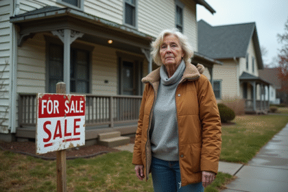 Femme d'âge moyen devant une maison abandonnée en automne