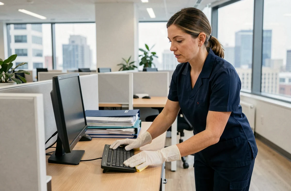 Femme de ménage professionnelle nettoyant un bureau moderne en open space avec des gants et un chiffon microfibre