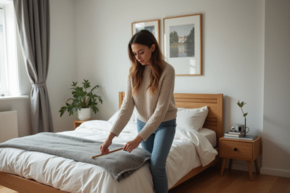 Femme mesurant l'espace de sa chambre avec un ruban