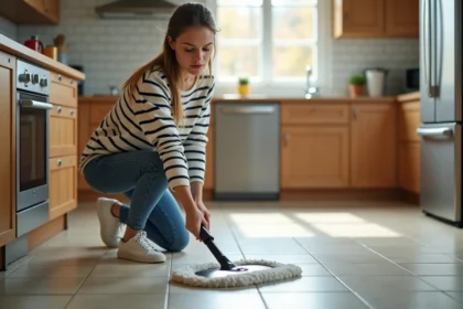 Femme en jeans nettoyant le sol de la cuisine avec une serpillere moderne