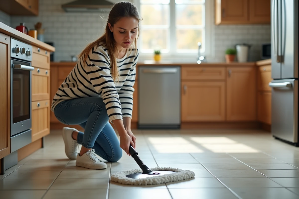 Femme en jeans nettoyant le sol de la cuisine avec une serpillere moderne