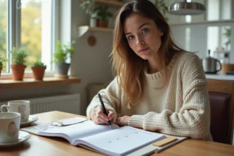 Jeune femme organise sa semaine sur un planner dans la cuisine