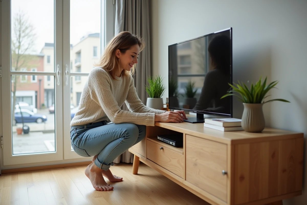 Jeune femme organise des livres sur un meuble en bois dans un appartement lumineux