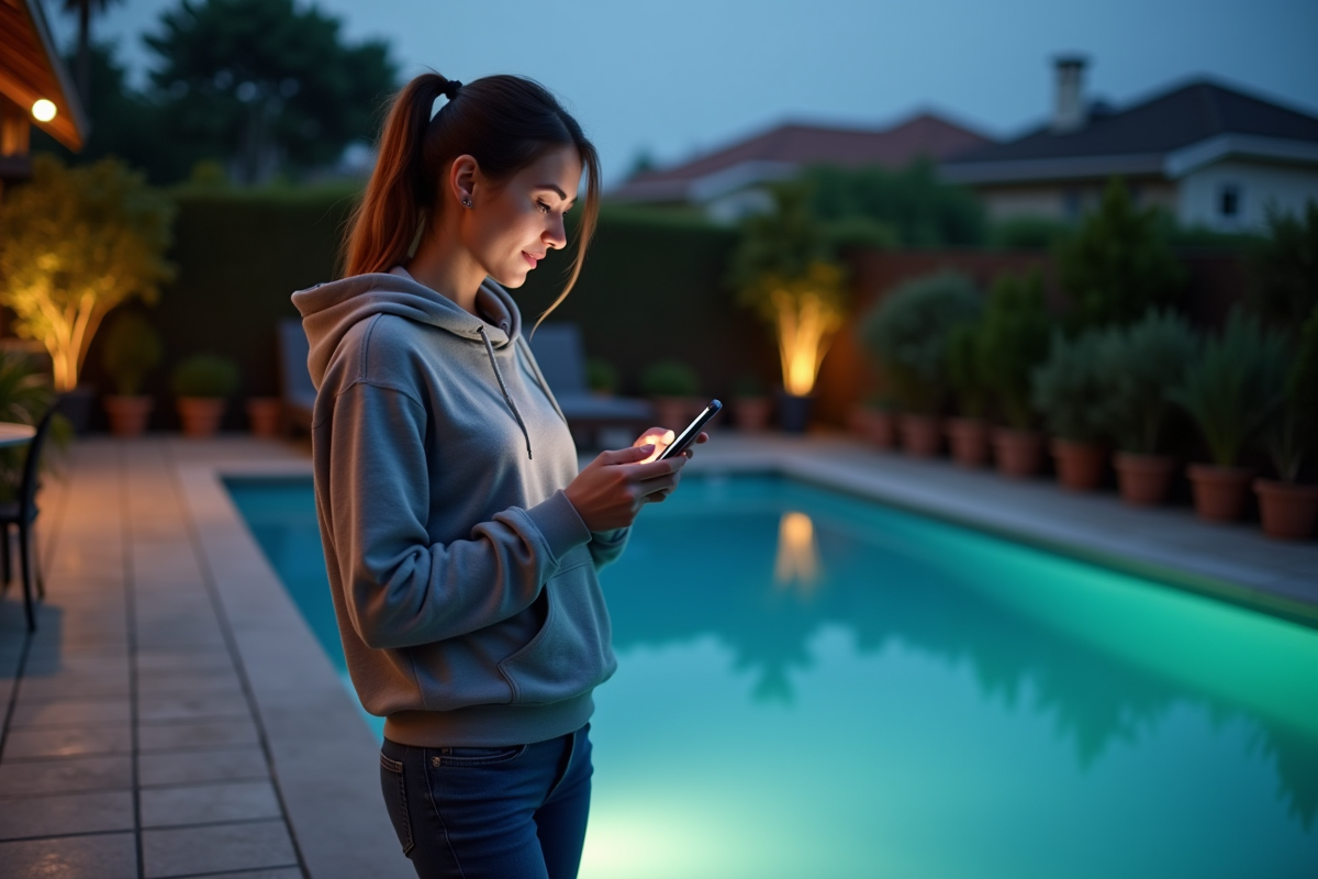 Jeune femme contrôlant la pompe de piscine avec son smartphone au crépuscule